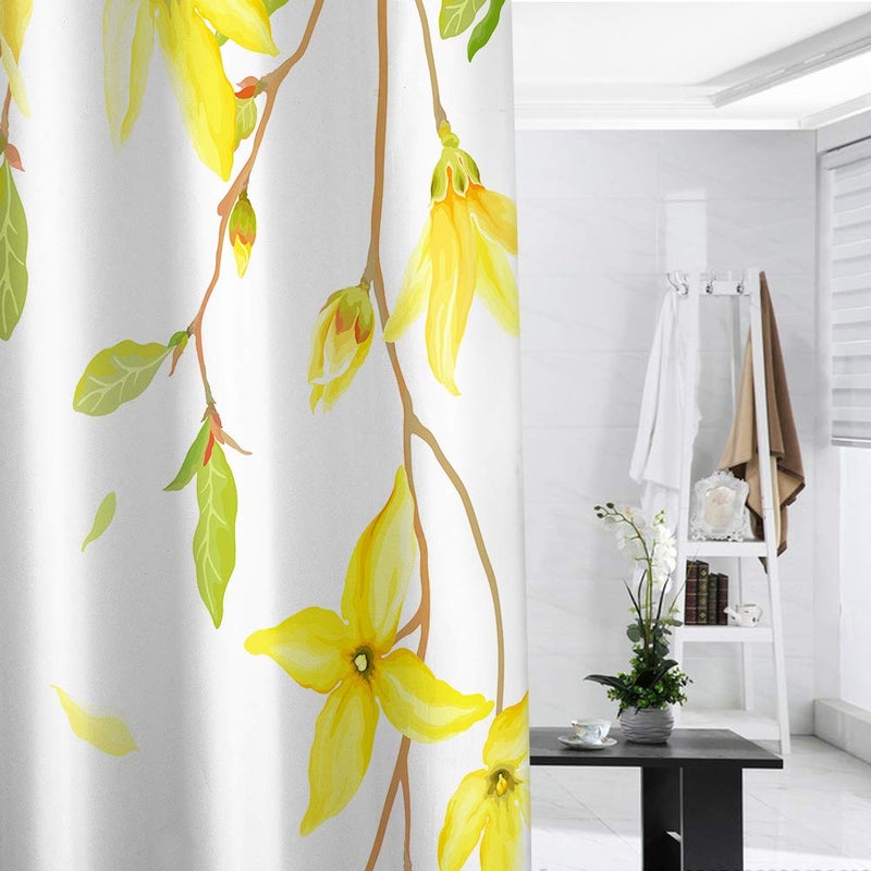 BECAN Floral Shower Curtain, Yellow Flower Spring Flowers Pattern on White Background Polyester Fabric Waterproof Layer Thickening Shower Curtain 72X72Inches - Image 5